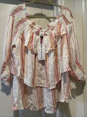 NWT Boho Autumn Ready White Tiered Silver Metallic Pink Stripe 3/4Sleeve Plus 1X